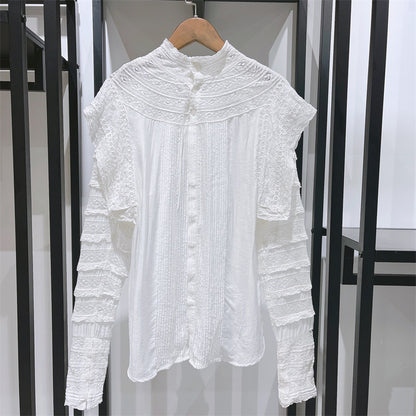 Graceful Stand Collar Lace Patchwork Ruffled Double-sided Shirt