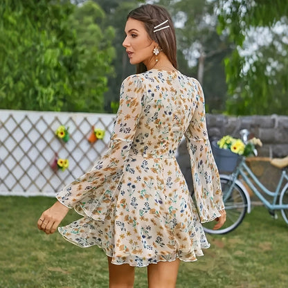 Summer New Simple Elegant Floral V-neck Flared Sleeves Women's Clothing Dress