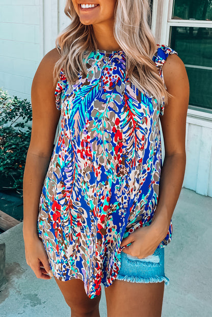 Blue Floral Print Tank Top with Ruffles