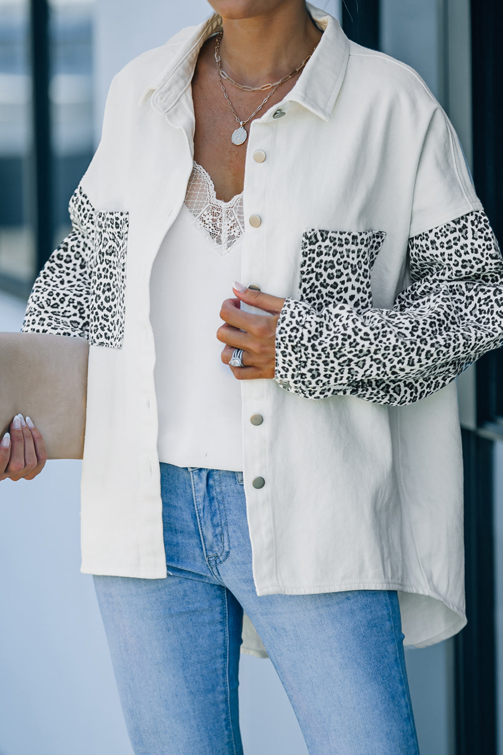 Black Contrast Leopard Denim Jacket