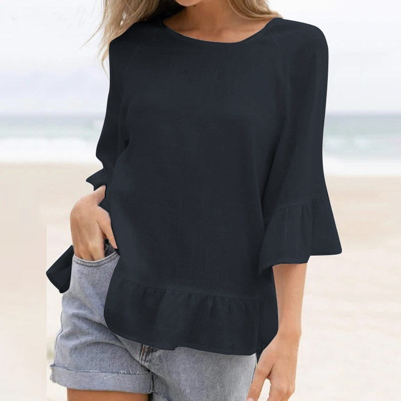 Women's Ruffled Cotton And Linen Style Solid Color T-shirt Casual Beach Blouse