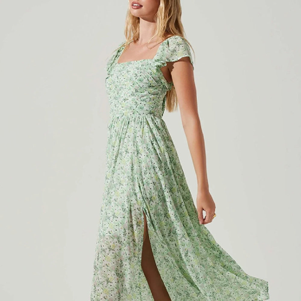 Vestido de longitud media para mujer con temperamento adelgazante y cintura temblorosa verde de moda