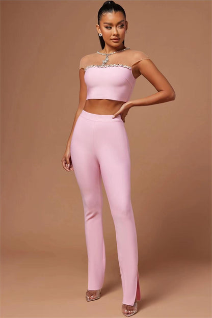 Rhinestone Top Skinny Pants Fashion Casual Sweet Midriff Outfit Bandage Suit