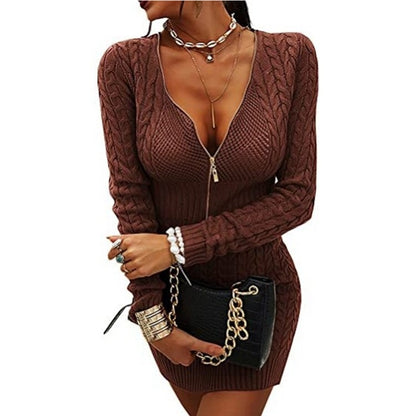 Women's Knitwear Mid-length Slim Fit Dress Sweater Solid Color And V-neck Pullover Zip-up Shirt