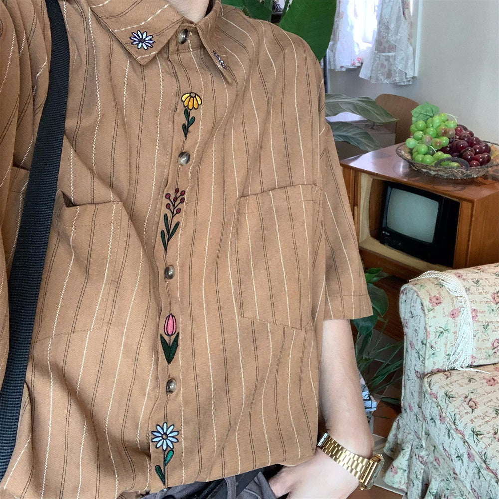 Vintage Embroidered Vertical Striped Short Sleeve Shirt