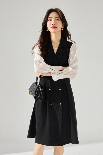 Black Suit Collar Patchwork Waist-slimming Dress