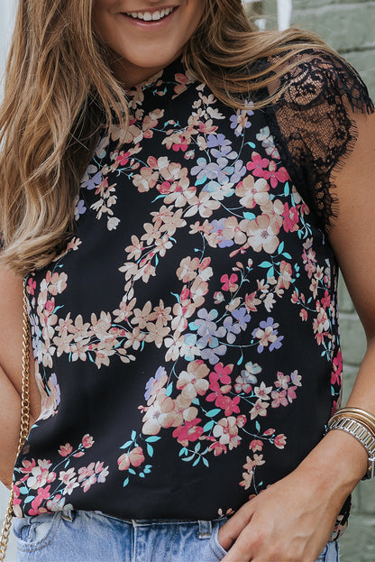 Black Dainty Floral Print Lace Sleeve Blouse