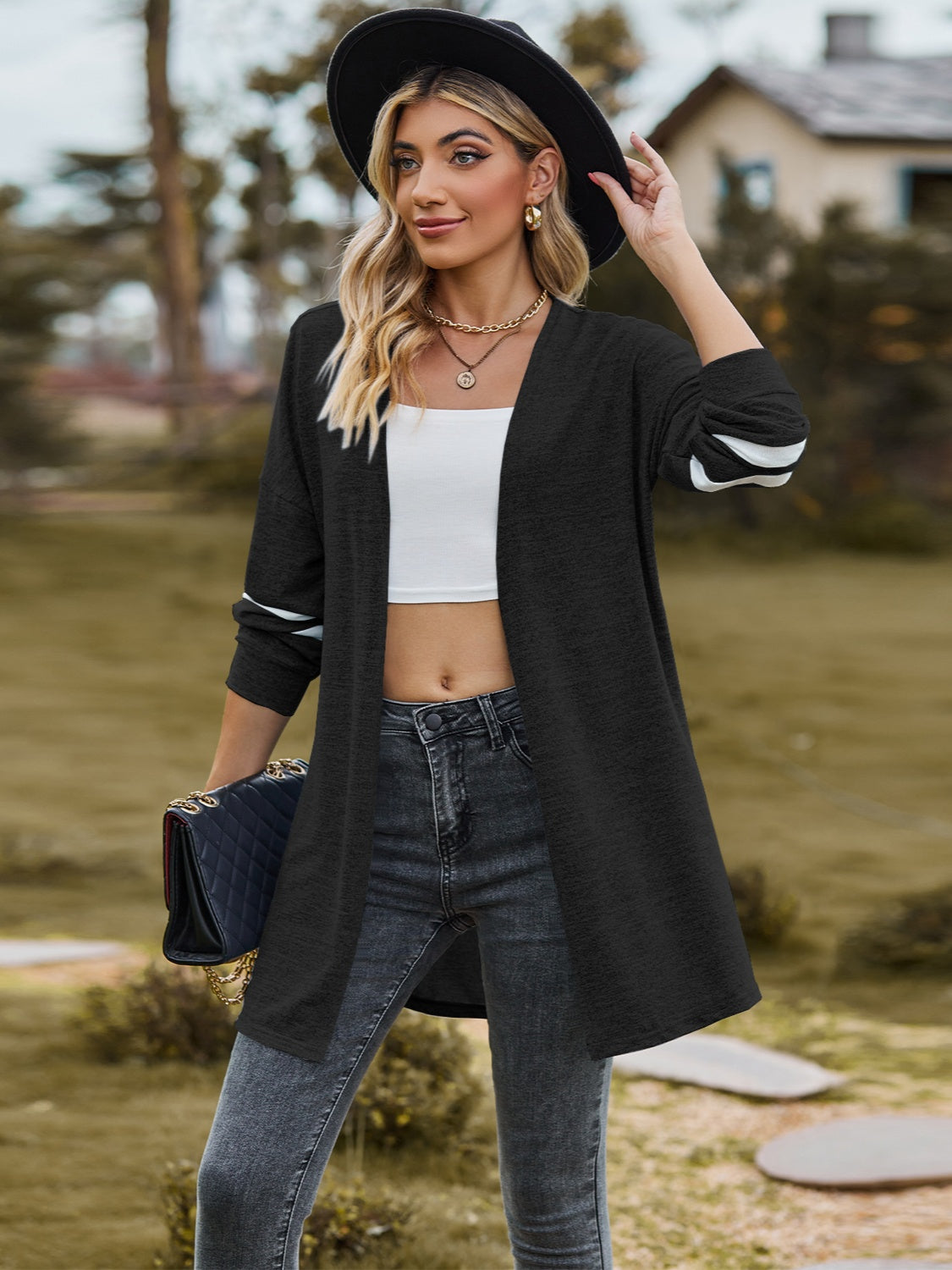 Striped Open Front Dropped Shoulder Cardigan