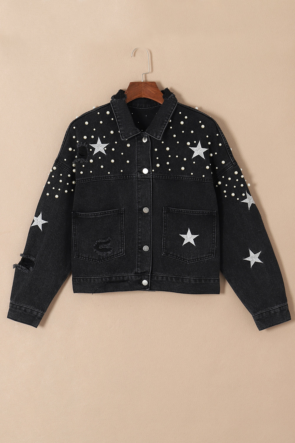 Sky Blue Distressed Pearls Star Cropped Denim Jacket