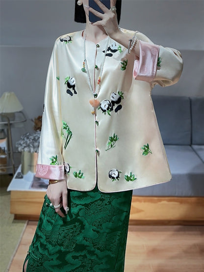 Women's Fashion Color Contrast Embroidered Panda Coat Top