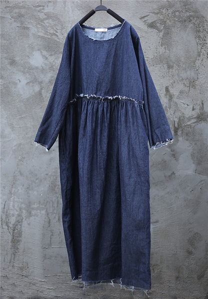 Printemps Denim Bleu Taille Haute Plissée Lâche Bavures Robe