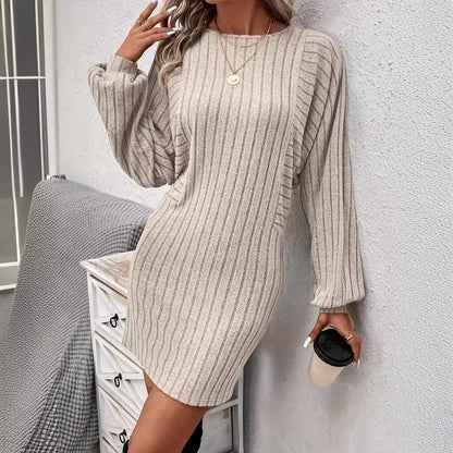 Vestido de punto de manga larga con rayas irregulares hundidas para mujer