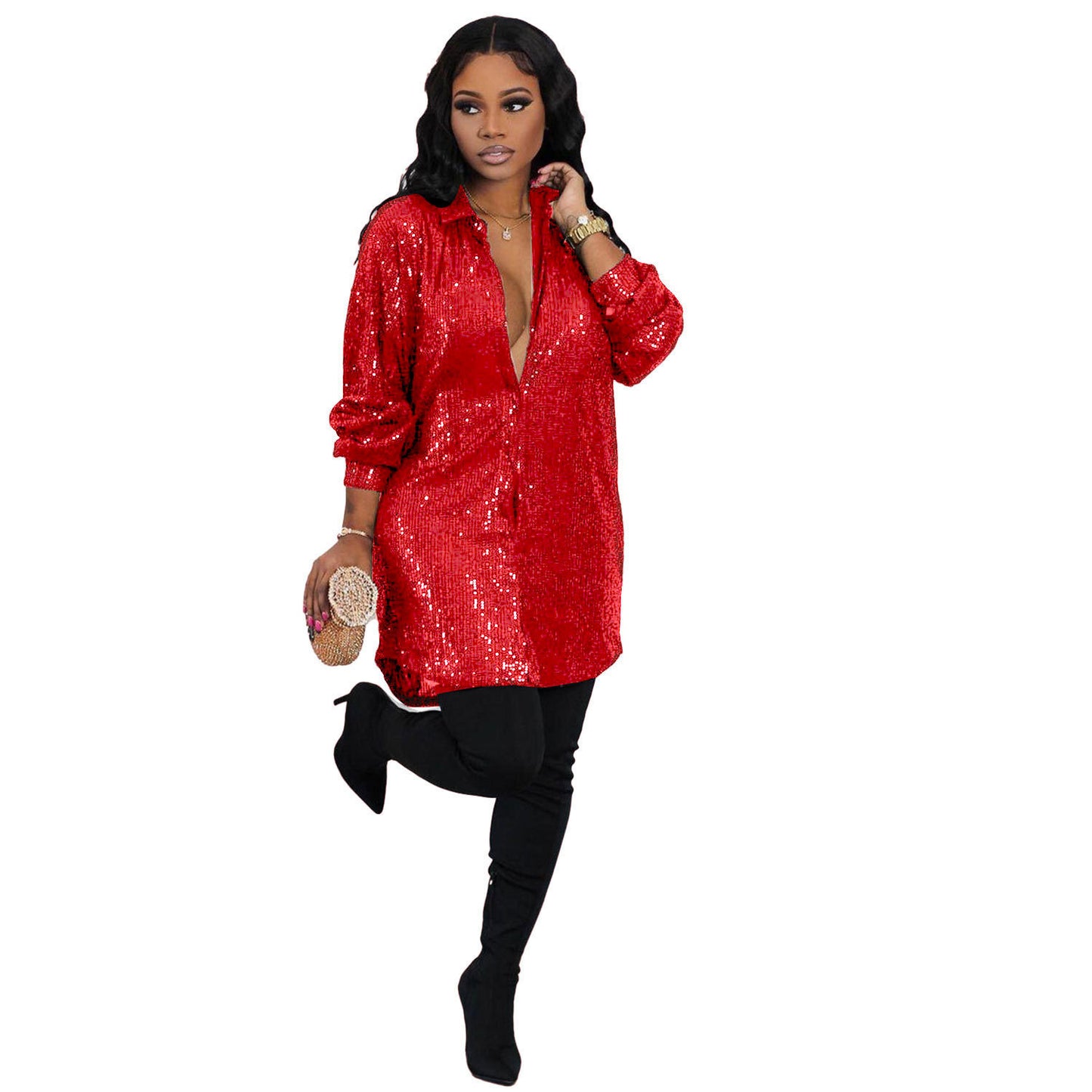 Temperament Commute Sequined Shirt Dress