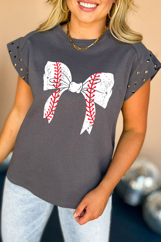 Dark Grey Baseball Bow Knot Graphic Studded Sleeve T Shirt