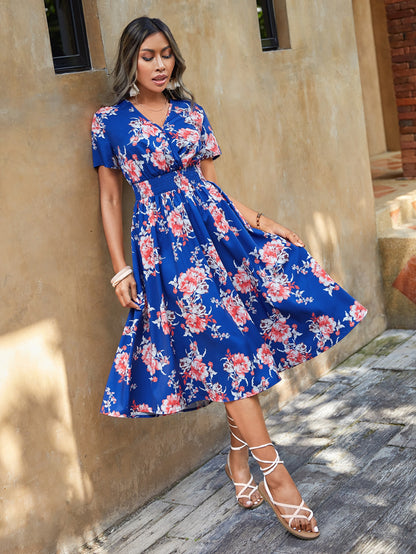 Robe midi à imprimé floral et col en V à taille élastique