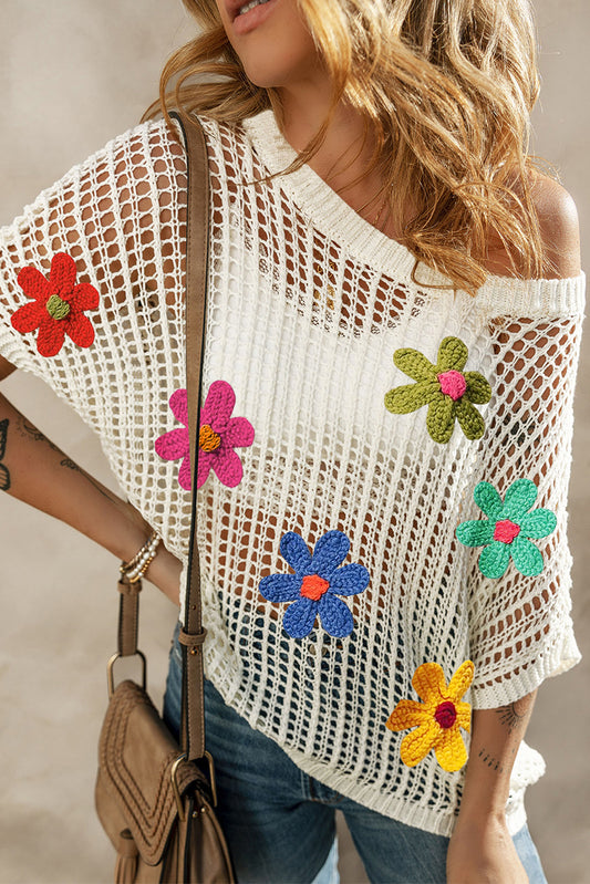 Camiseta de punto suelta con flores coloridas de ganchillo ahuecado blanca