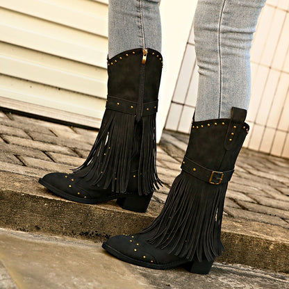 Studded Fringe Block Heel Boots