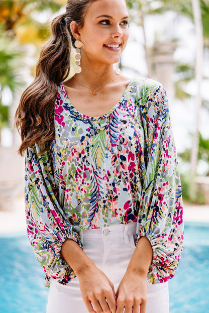 Blue Floral Print Puffy Sleeve Loose Blouse