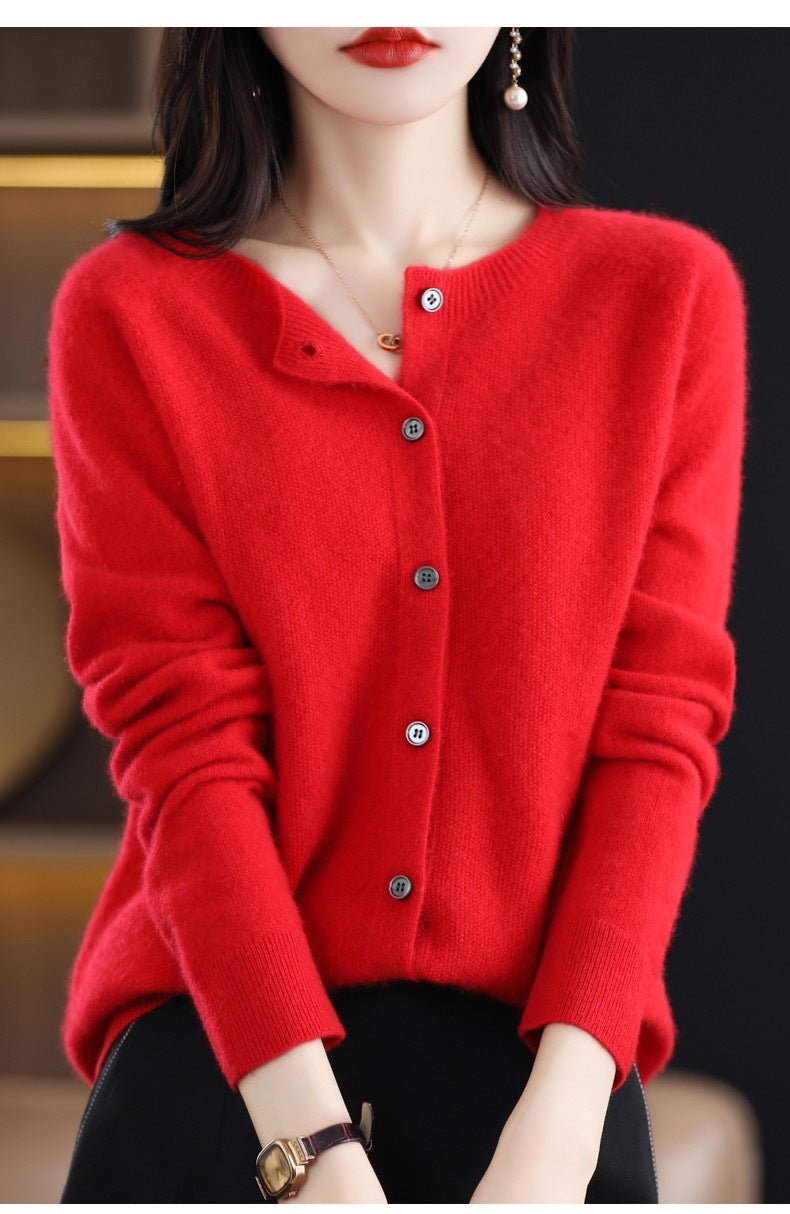 Wool Round Neck Cashmere Cardigan Knitted Coat