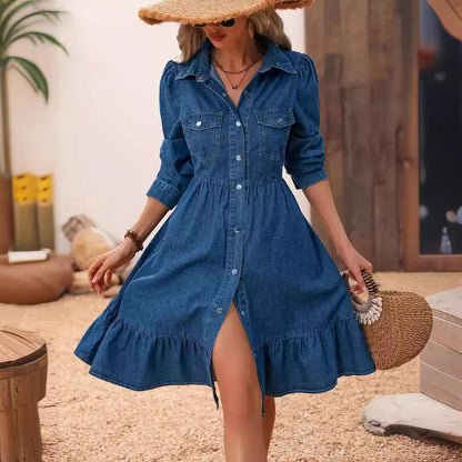 European And American Lapel Long Sleeve Stitching Casual Dress