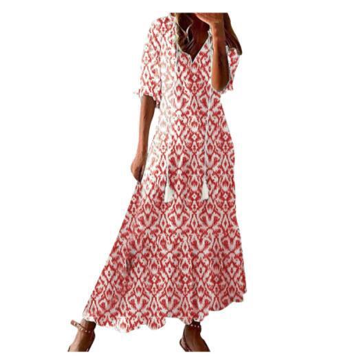 Women's Loose V-neck Bohemian Style Print Dress Mid Waist Long-sleeved Dress