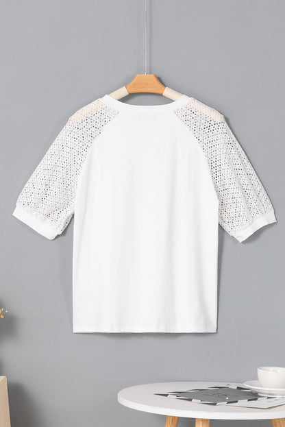 White Pointelle Lace Half Sleeve Crew Neck Tee