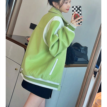 Women's Fashion Cropped Lapel Colorblock Baseball Jacket