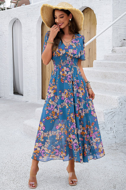 Robe smockée à manches courtes et col en V fleuri