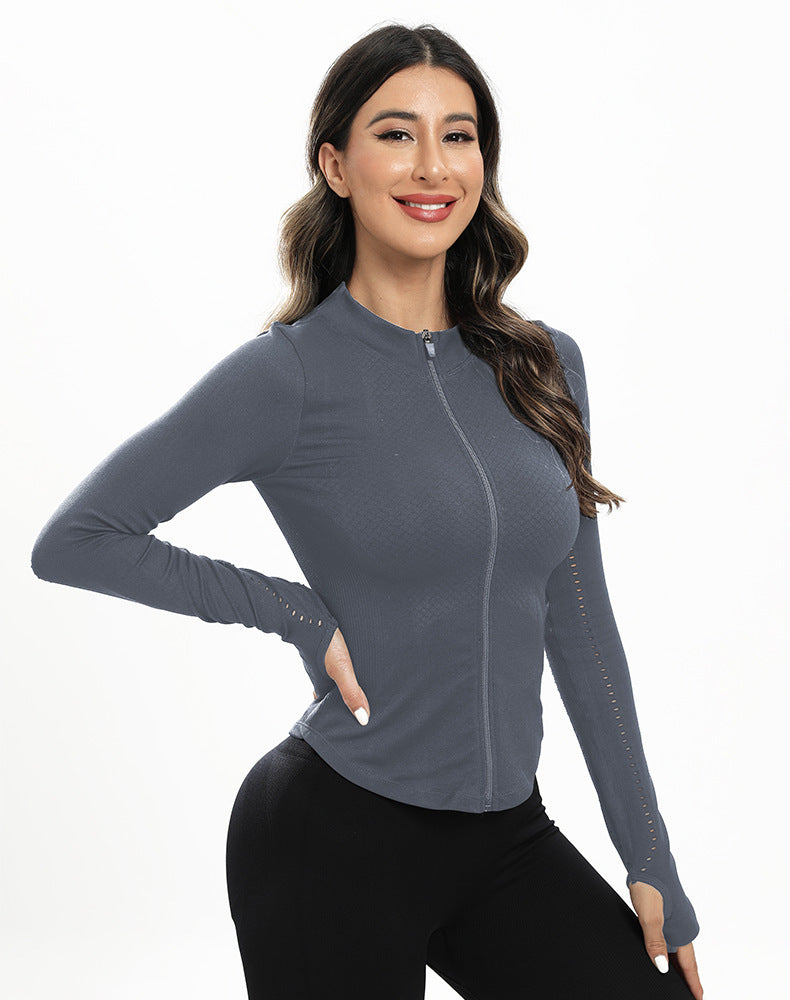 Manteau de vêtements de Yoga pour femmes, col rond, manches longues, fermeture éclair, sport, Fitness