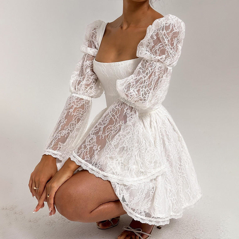 Robe sexy en dentelle à manches longues et col carré pour l'automne