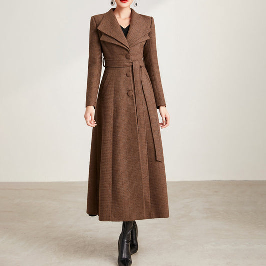 Women's Double Collar Long Slim Fit Tweed Coat