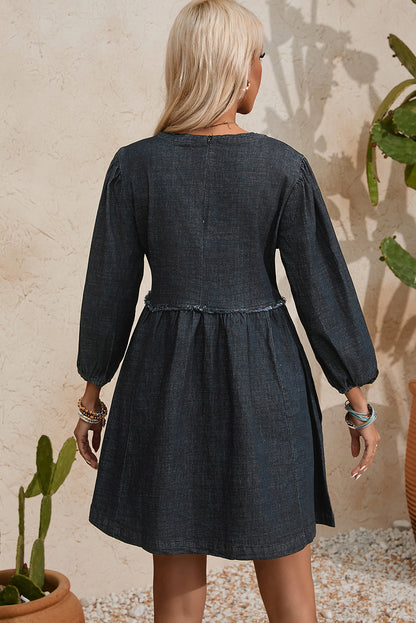 Black Balloon Sleeve High Waist Denim Dress