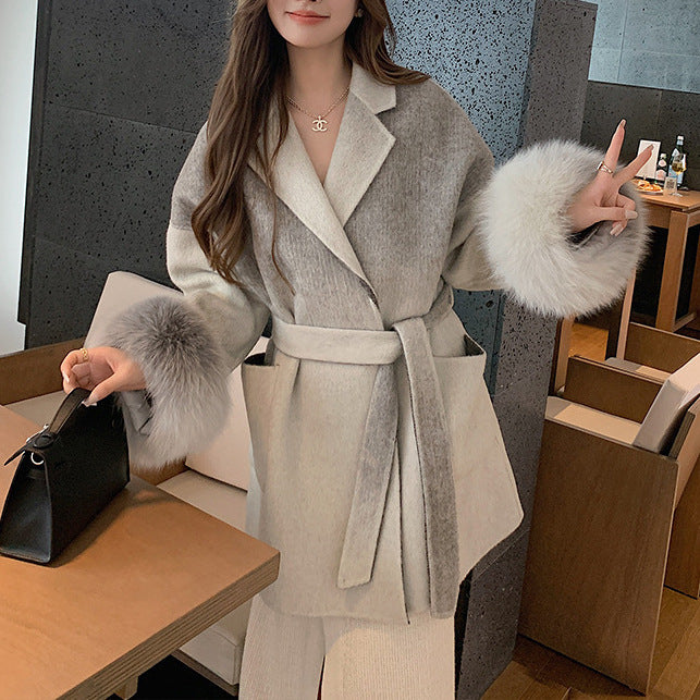 Gradient Color Fox Reversible Cashmere Woolen Coat