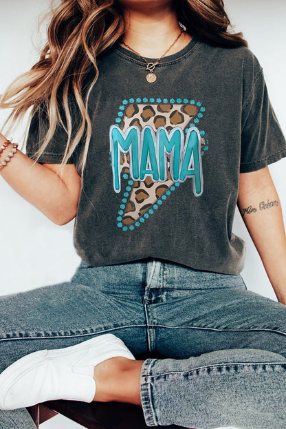 Camiseta negra con cuello redondo y estampado de relámpagos de leopardo MAMA