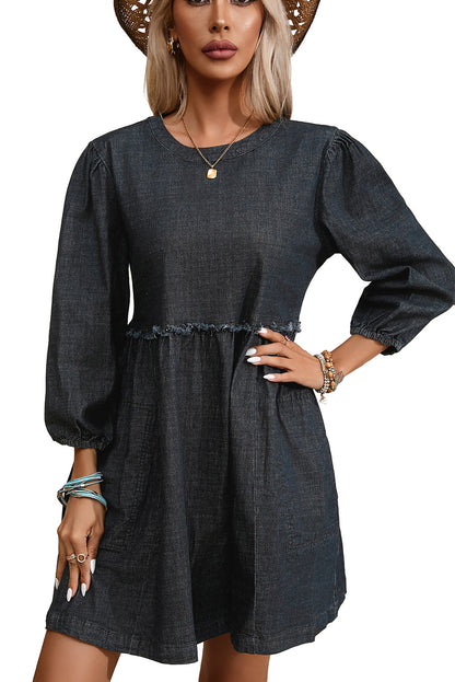 Black Balloon Sleeve High Waist Denim Dress