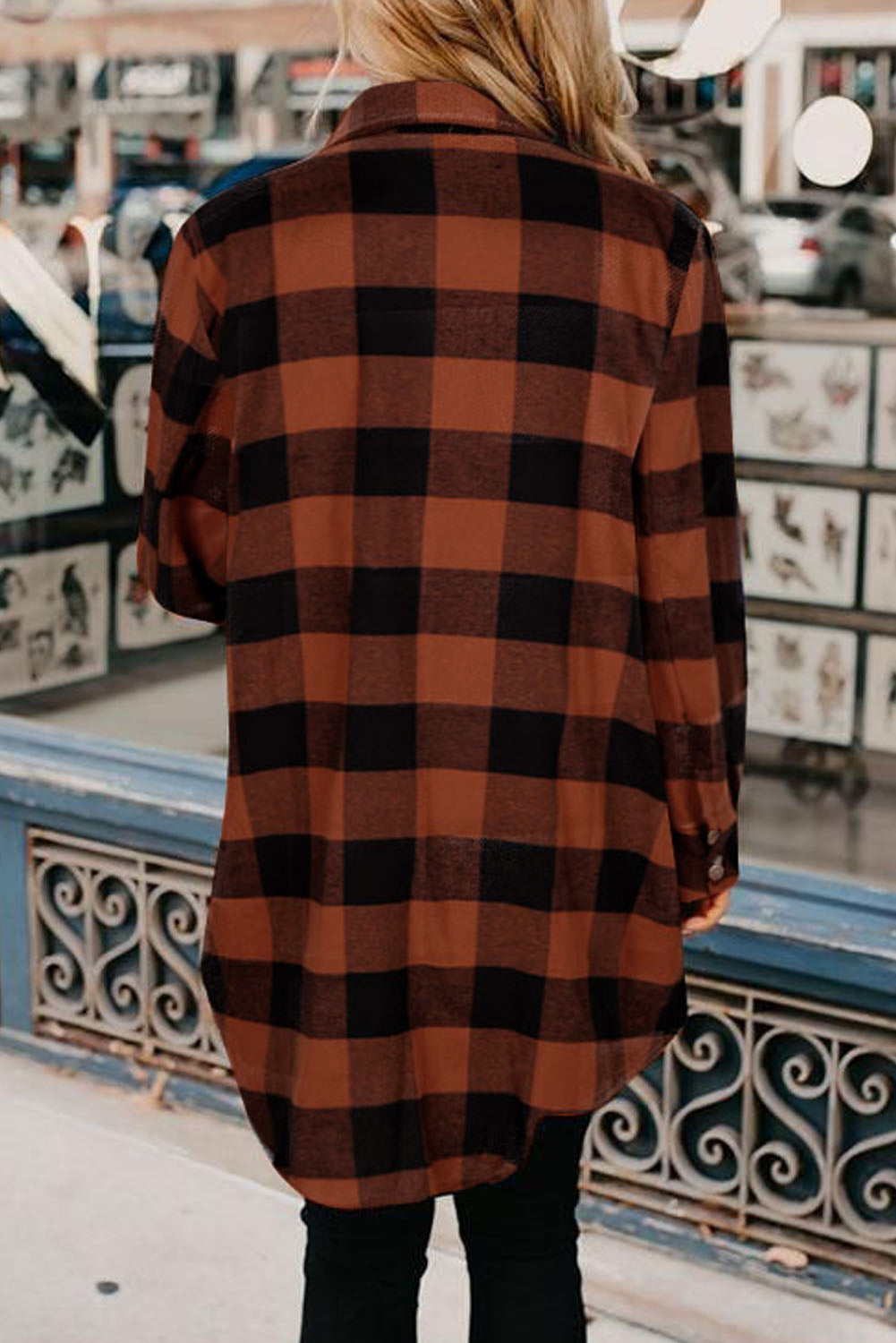 Green Turn-down Collar Plaid Shirt Coat