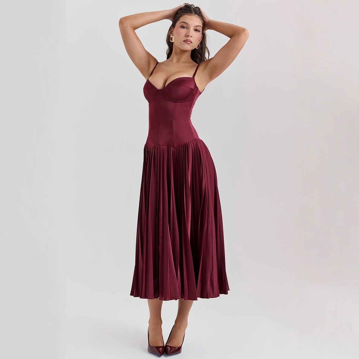 Spaghetti Straps Sleeveless Slim-fit Pleated Dress