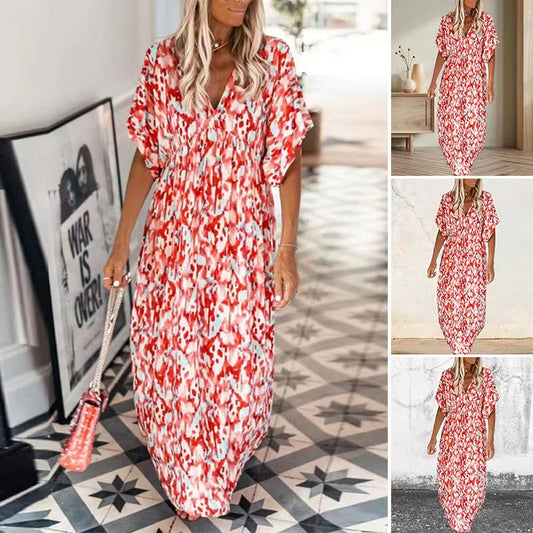 Robe ample d'été imprimée à col en V et manches courtes pour femmes