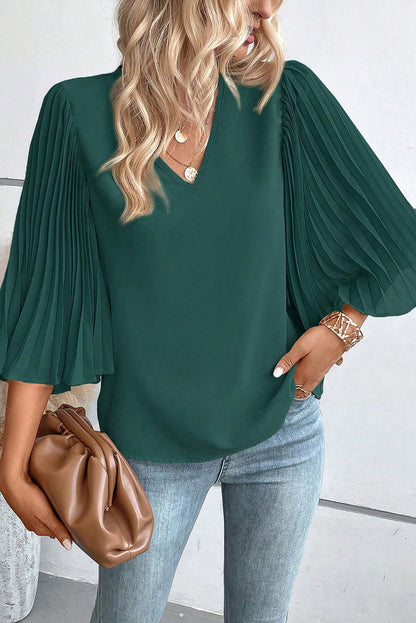 Blusa plisada con cuello en V y mangas acampanadas 3/4 verde negruzco