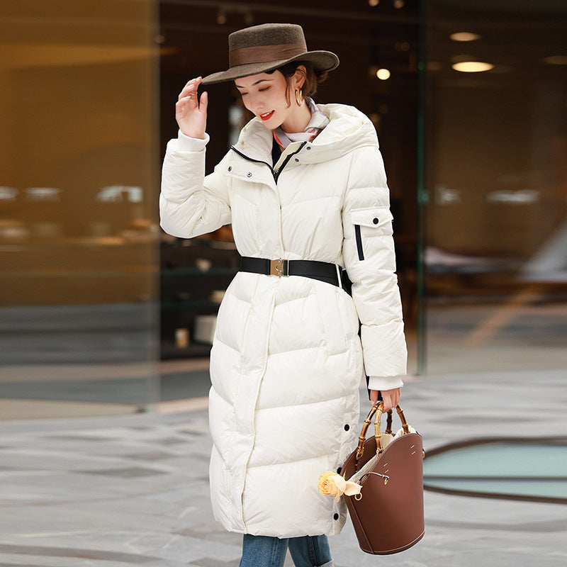 Women's Waist Mid-length Over-the-knee Hooded Down Jacket