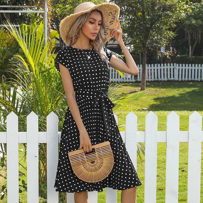 Robe mi-longue plissée à pois pour femmes, tenue d'été à manches courtes, décontractée, à bandes, de fête, élégante, verte, vêtements de bureau