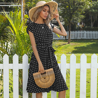 Robe mi-longue plissée à pois pour femmes, tenue d'été à manches courtes, décontractée, à bandes, de fête, élégante, verte, vêtements de bureau