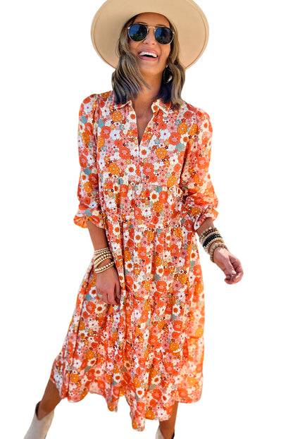 Multicolor Boho Floral Collared Long Sleeve Dress