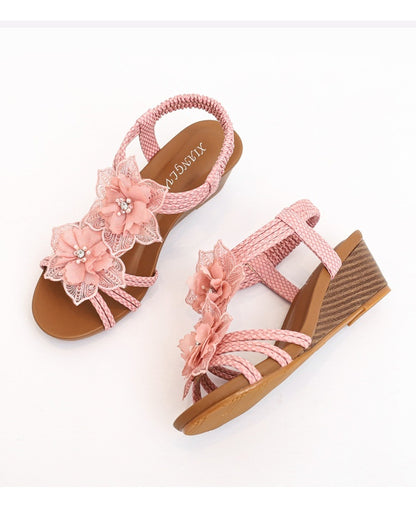 Sandalias de vacaciones con flores retro bohemias romanas con cuña