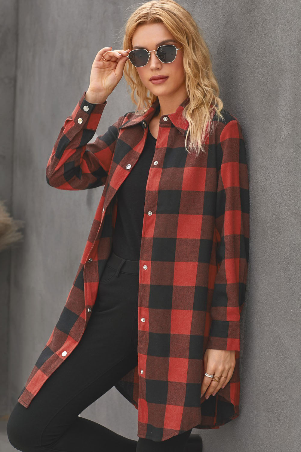 Green Turn-down Collar Plaid Shirt Coat