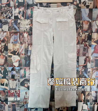 American Retro White Straight-cut Trousers With Multiple Pockets