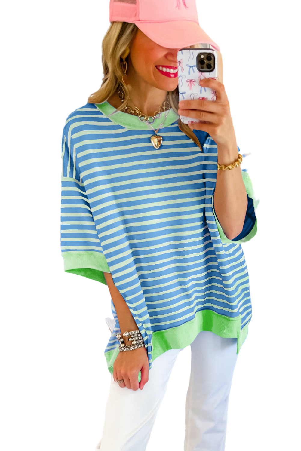 Pink Stripe Colorblock Drop Sleeve Loose Top