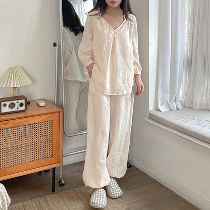 Double-layer Cotton Yarn V-neck Pajamas Suit Comfortable Homewear