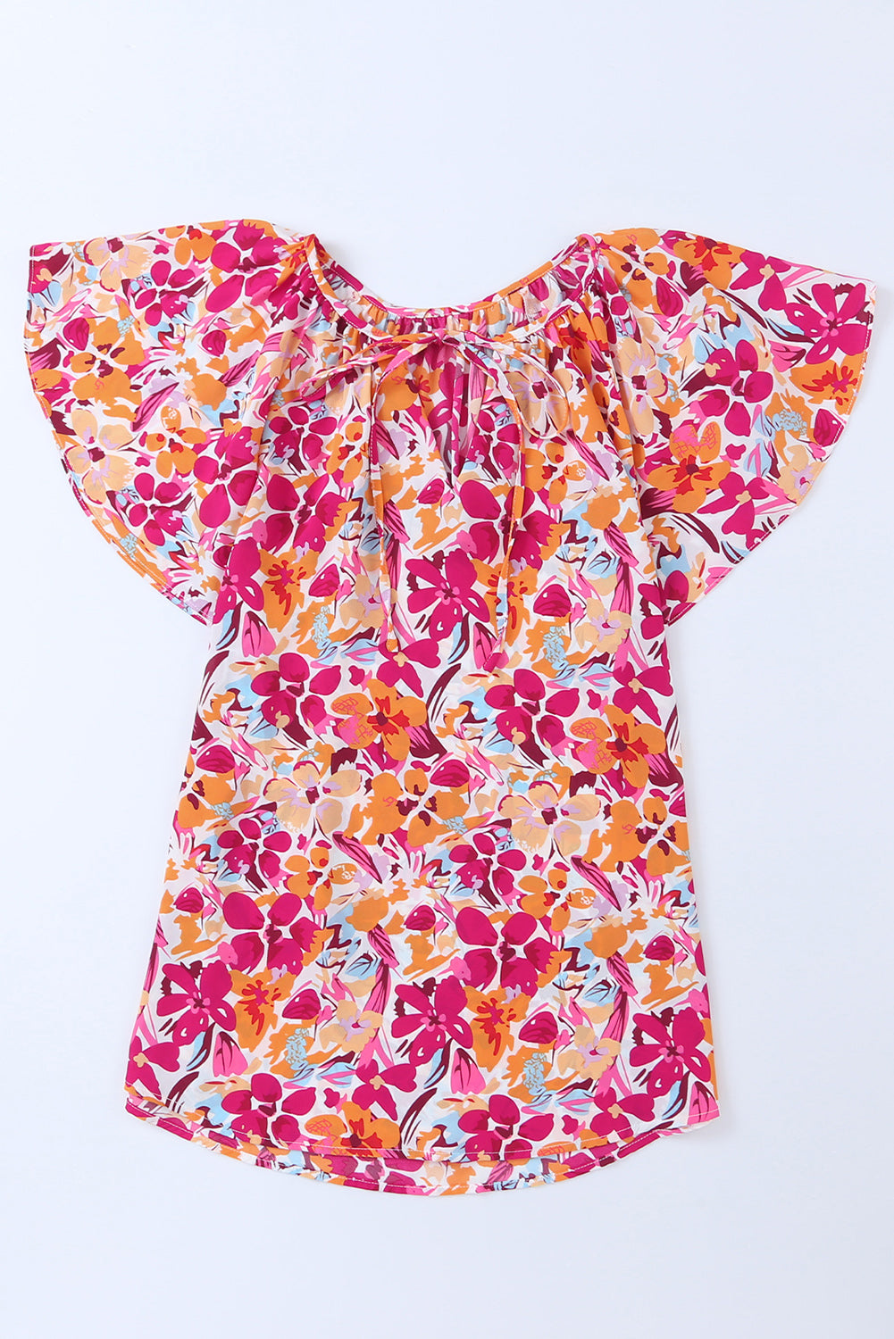 Fiery Red Flutter Sleeves Floral Print Top