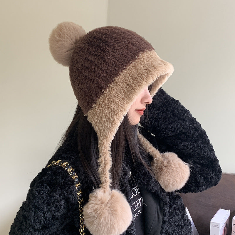 Gorro de lana con bola colgante de punto grueso y forro polar, cálido y con protección para las orejas